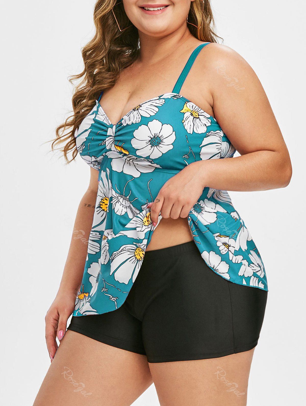 Contrast Floral Ruched Plus Size Tankini Swimsuit