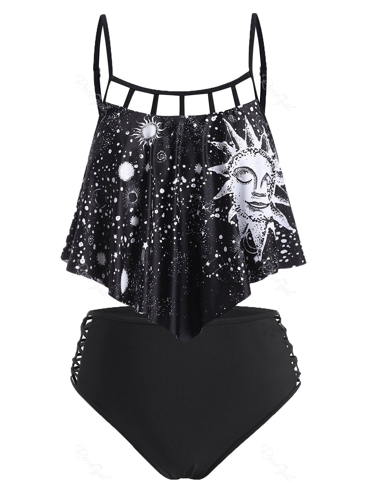 Buy Astrology Sun Star Moon Print Lattice Flounce Tankini Swimwear  