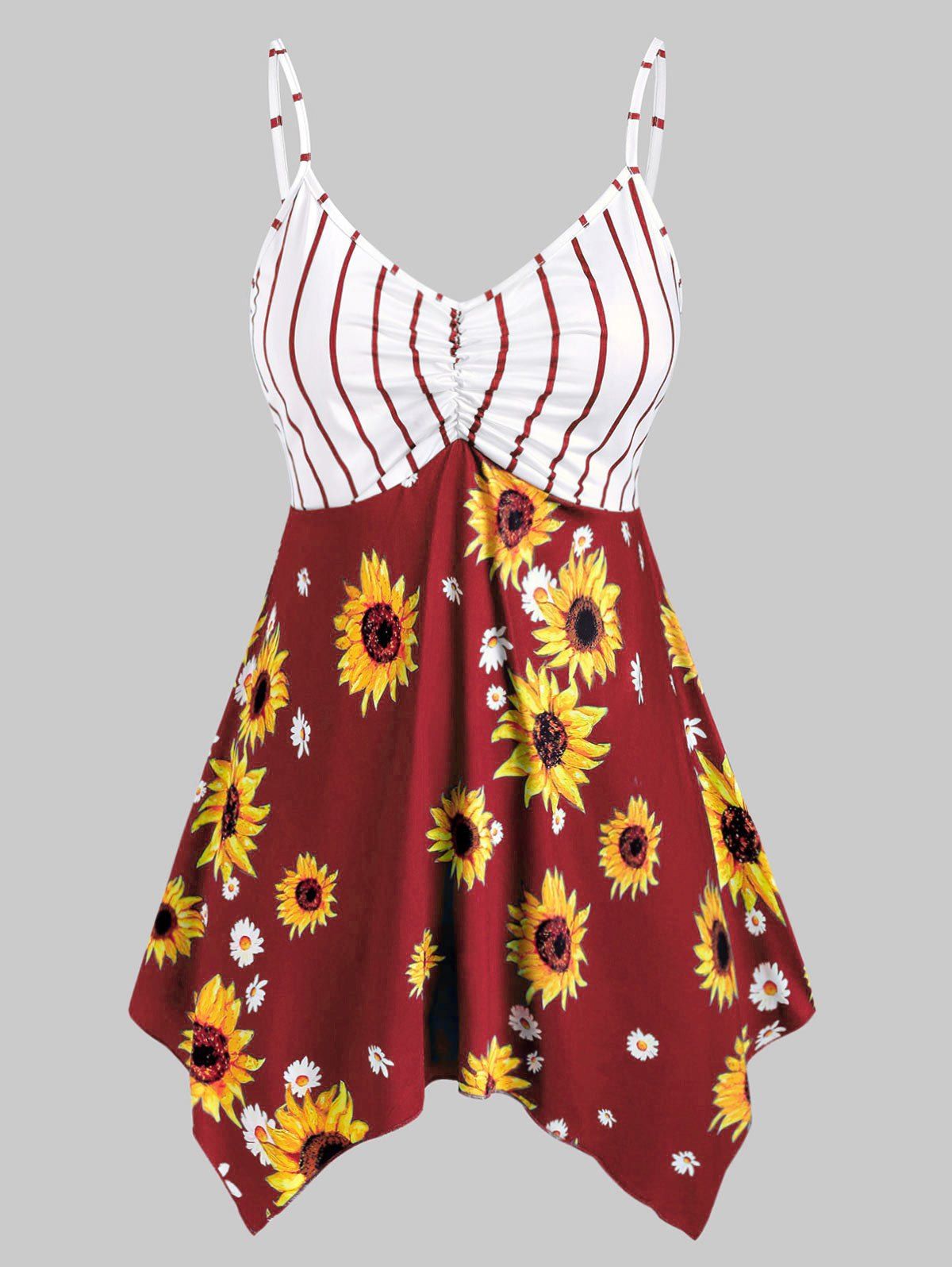 

Plus Size Handkerchief Striped Sunflower Print Tank Top, Red wine