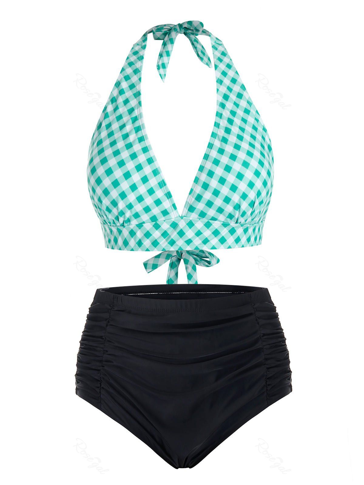 

Plus Size Halter Plaid Ruched Tankini Swimsuit, Aquamarine