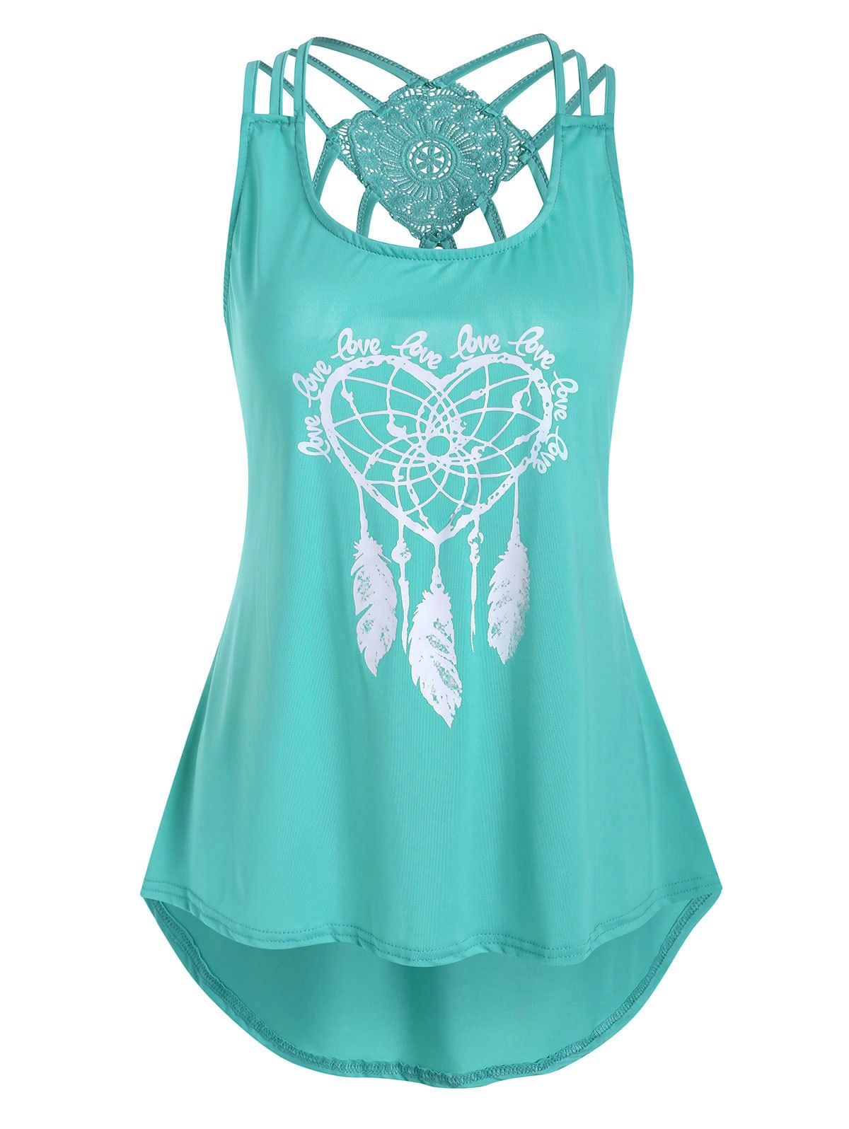 

Heart Feather Print Lace Panel Tank Top, Turquoise