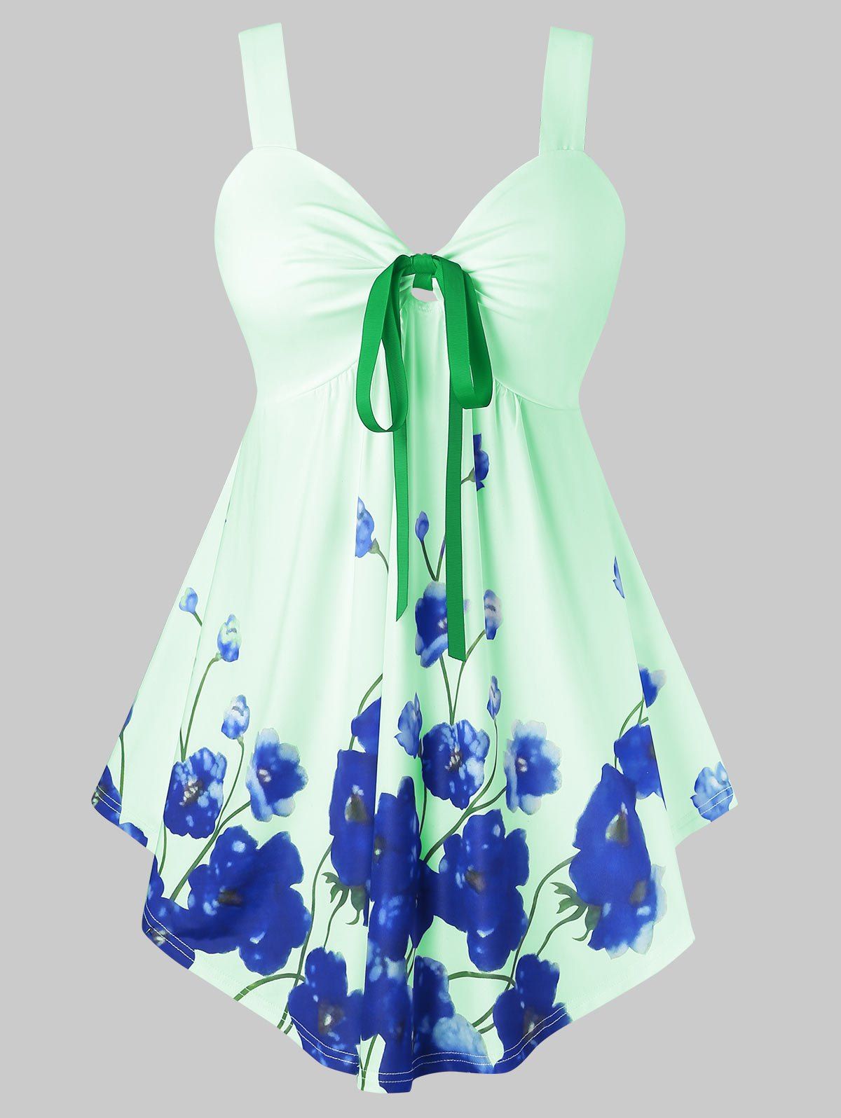 

Plus Size Flower Print Tie Curved Tunic Backless Tank Top, Light aquamarine