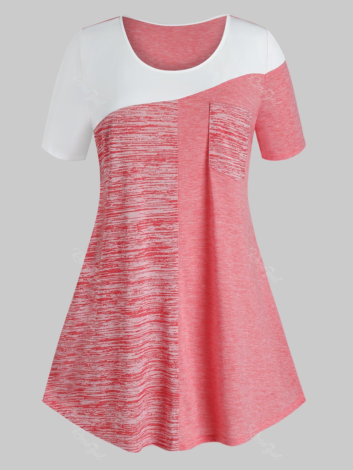 

Plus Size Pocket Colorblock T Shirt, Watermelon pink