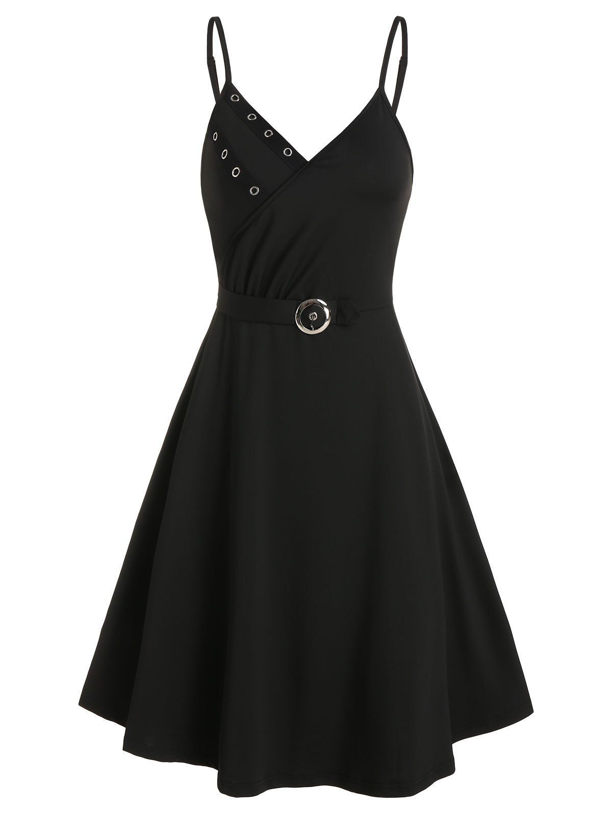 

Pure Color Grommet Belted Cami Dress, Black