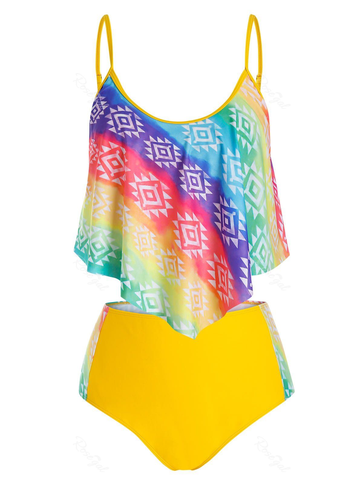 Online Plus Size Rainbow Tie Dye Asymmetric Flounce High Rise Tankini Swimwear  