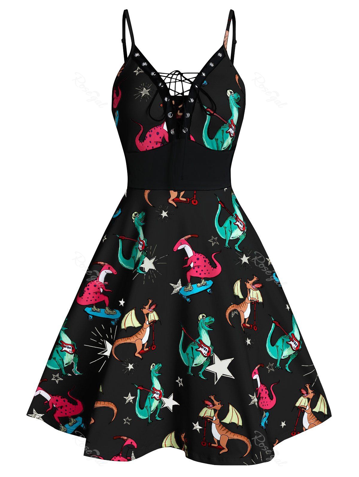 New Dinosaur Print Lace Up Cami A Line Dress  