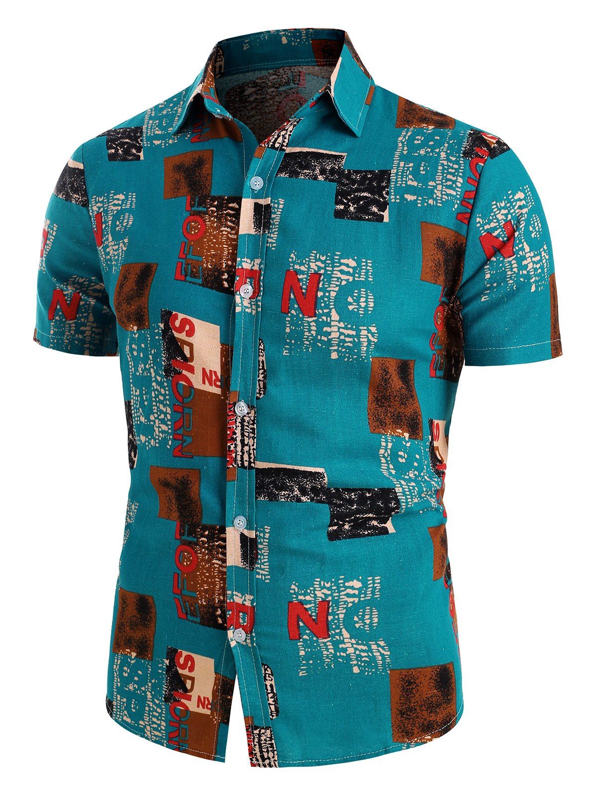 

Letter Geo Print Retro Button Up Shirt, Multi