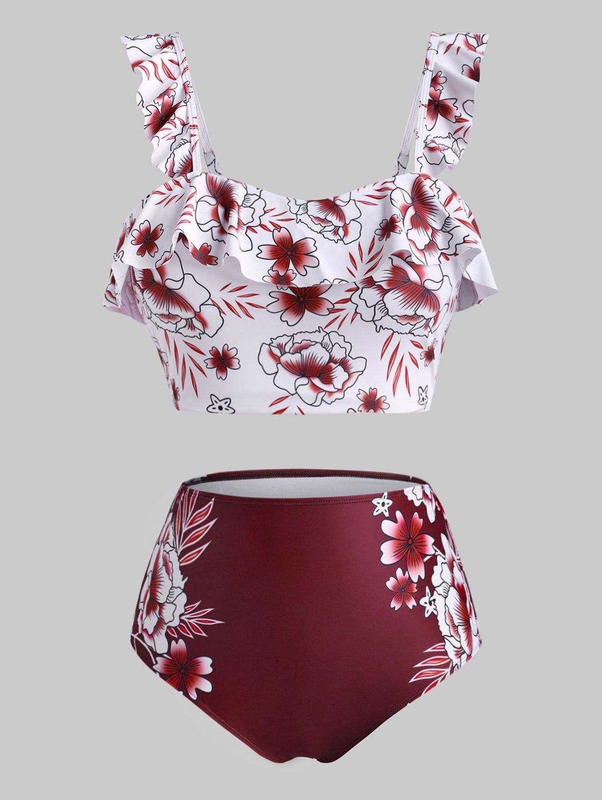 

Ruffles Floral Plus Size Bikini Swimwear, Red