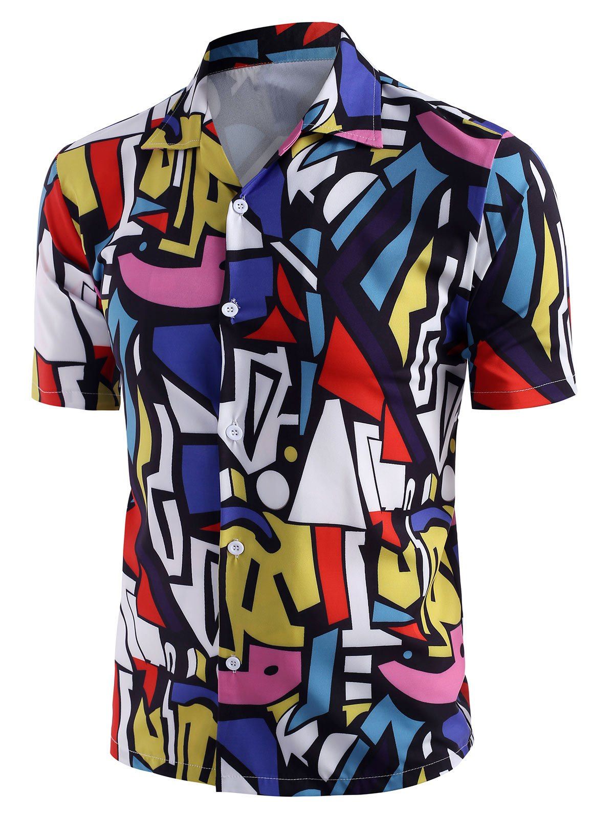 

Geometric Graphic Print Short Sleeve Shirt, Rubber ducky yellow