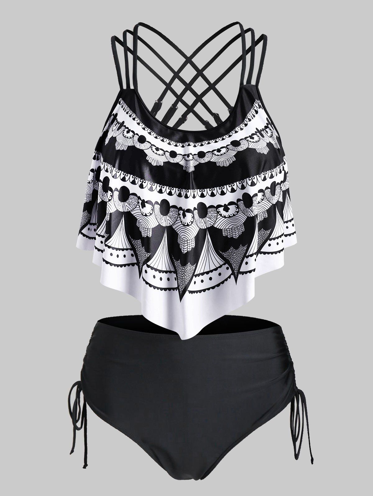 

3D Lace Print Strappy Flounce Cinched Tankini Swimwear, Black