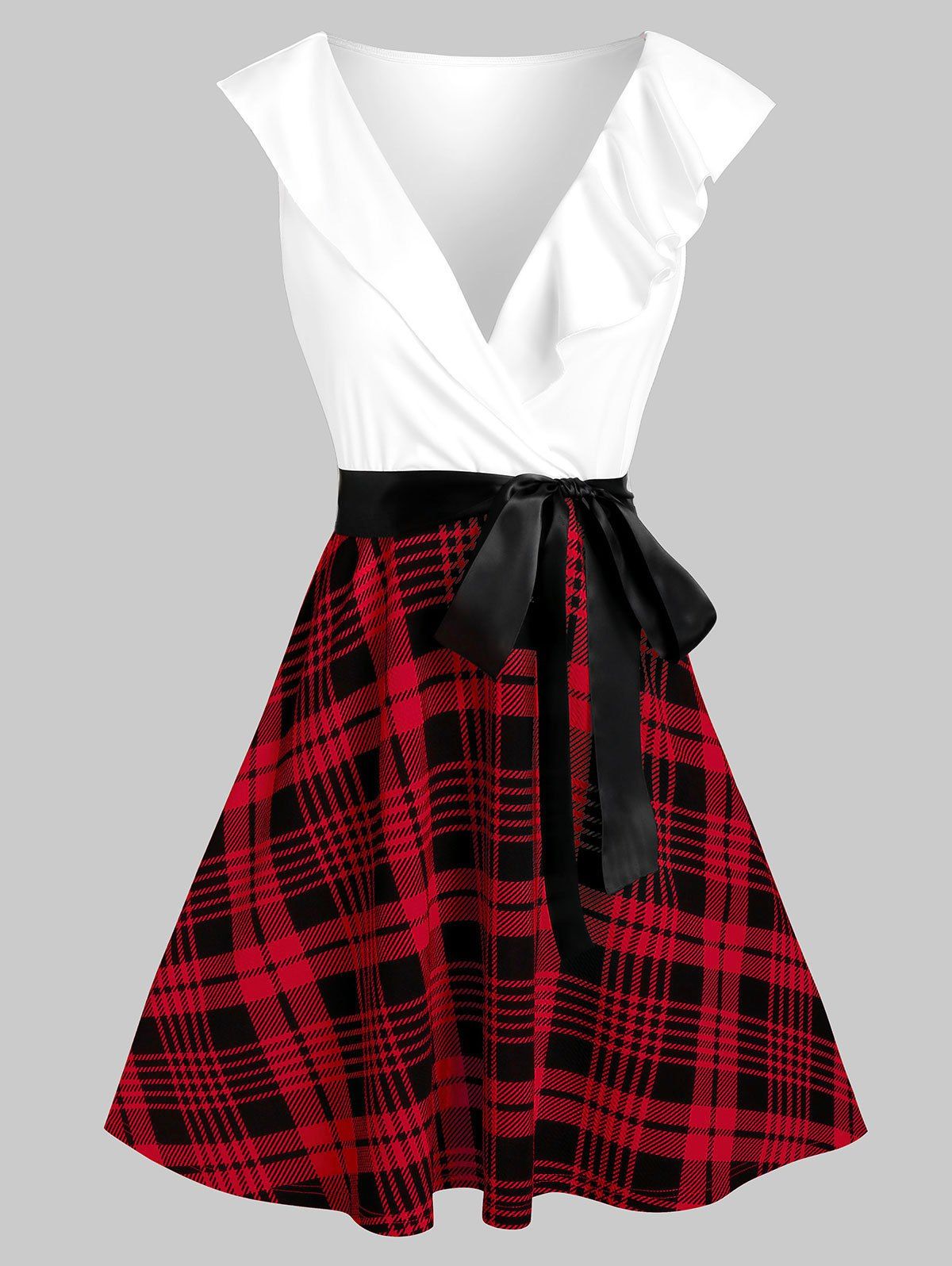 

Plaid Print Plunge Neck Belted Dress, Red wine