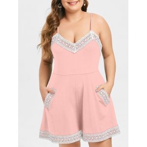 

Plus Size Lace Trim Cami Romper, Pig pink