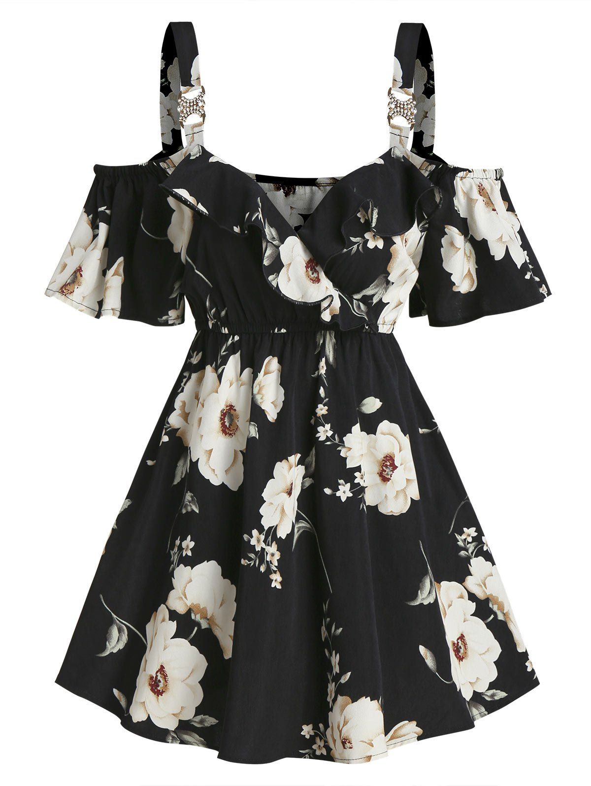 

Floral Print Open Shoulder Flare Blouse, Black