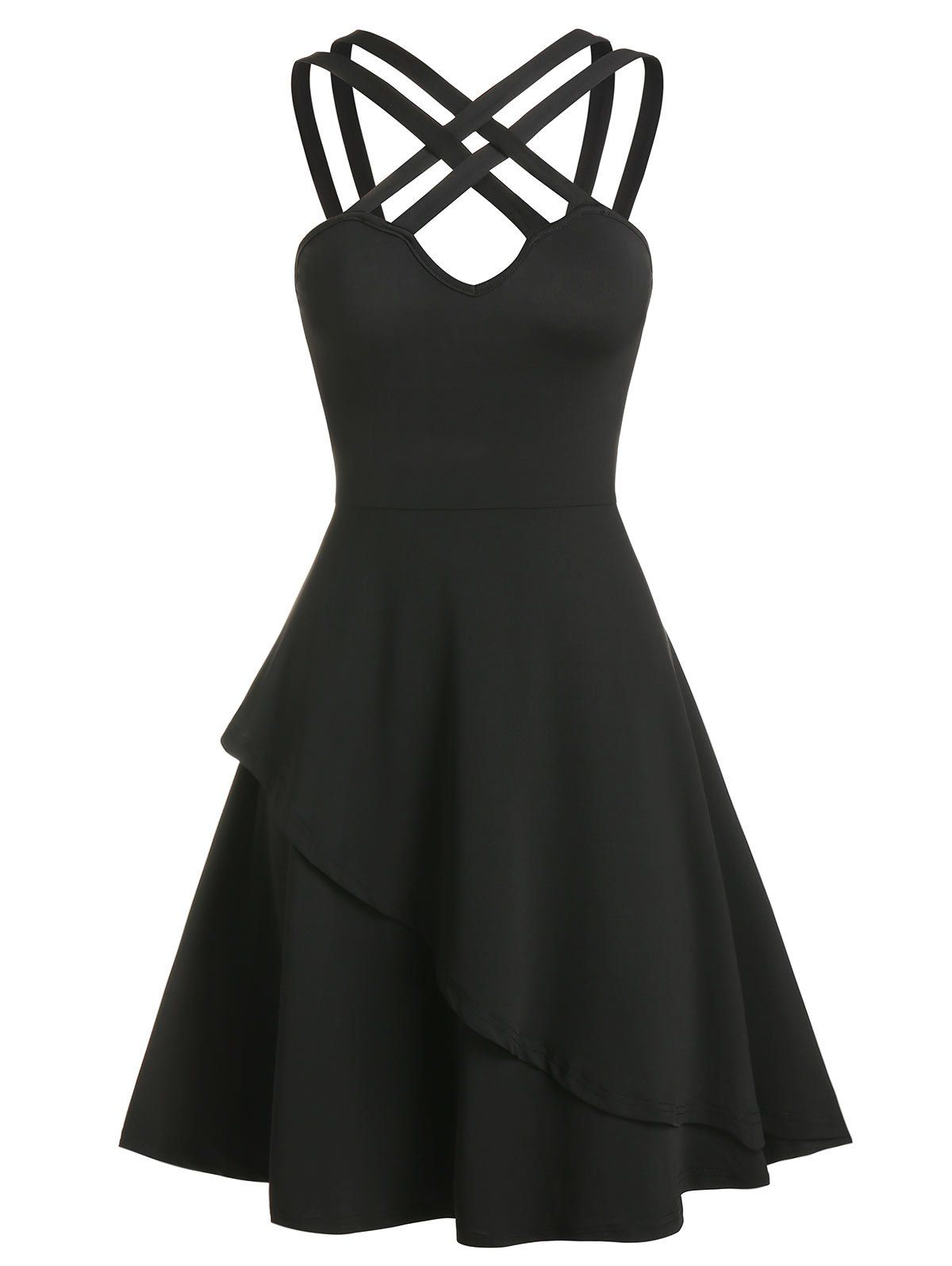 

Pure Color Strappy Overlay A Line Dress, Black