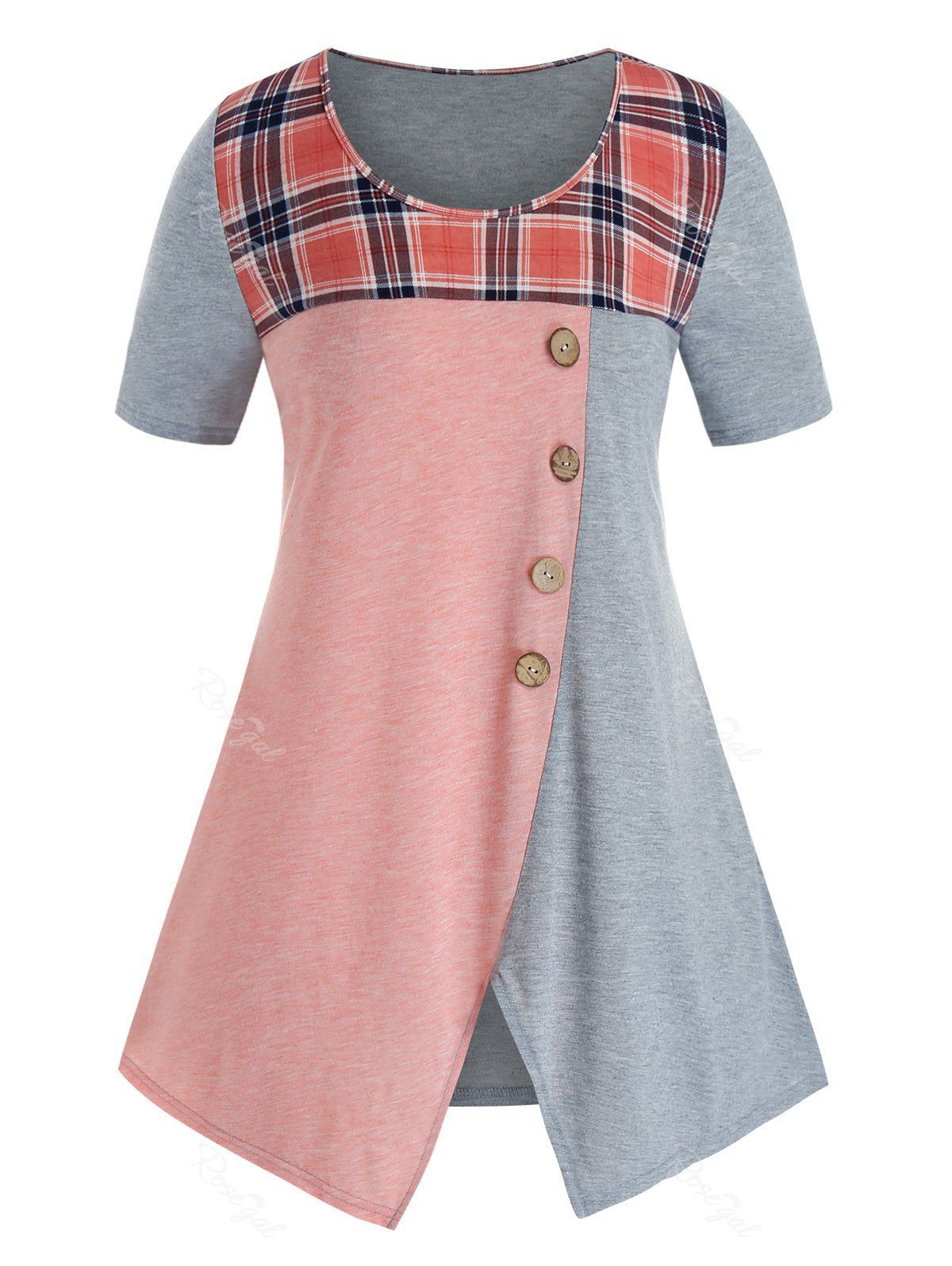 

Plus Size Plaid Colorblock Front Slit T Shirt, White