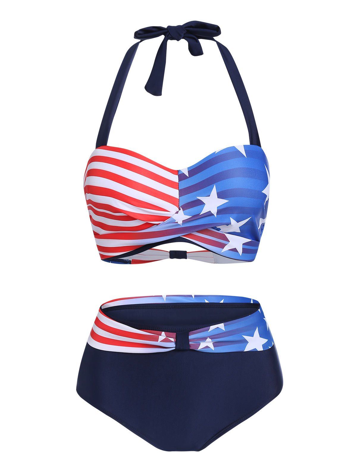 

American Flag Print Halter Padded Bikini Swimsuit, Black