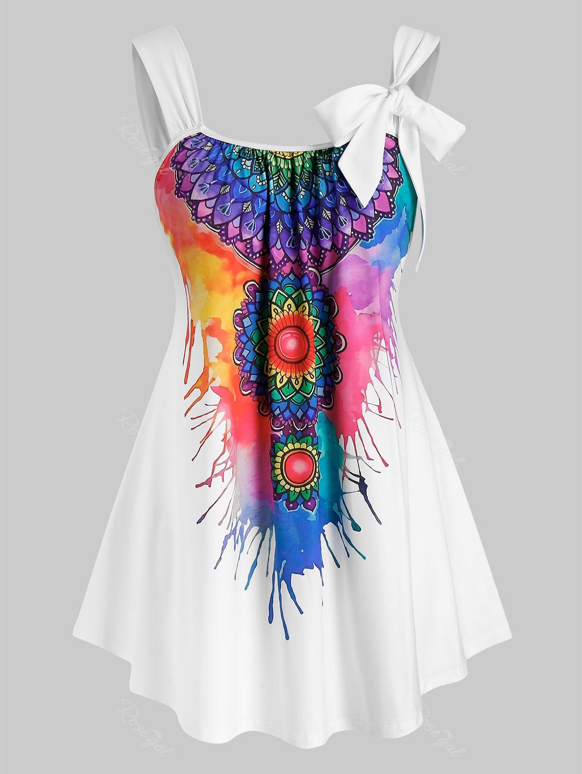 

Plus Size Watercolor Floral Print Tank Top with Bowkont, White