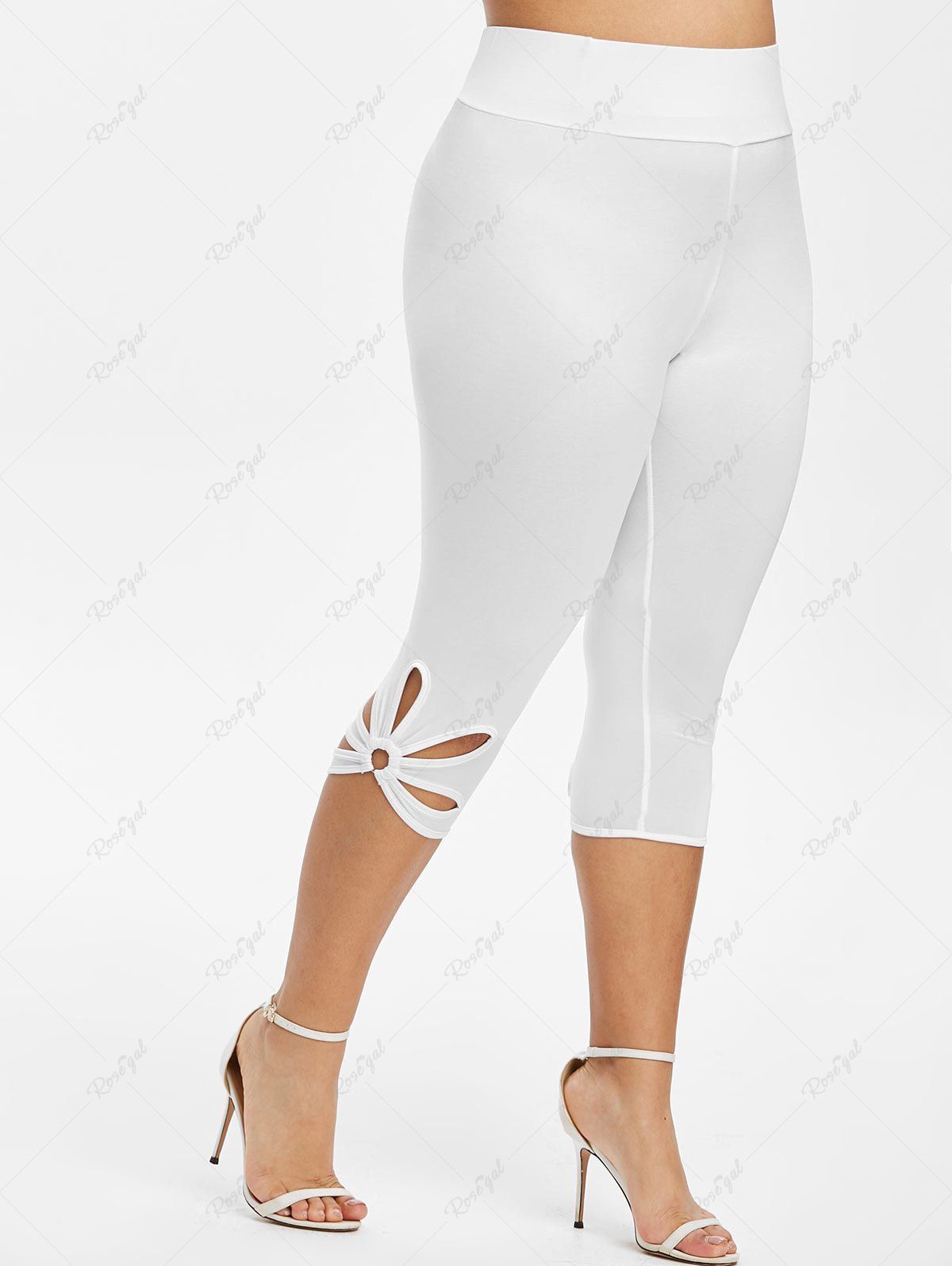 

Capri Metal Ring Cut Out Plus Size Leggings, White