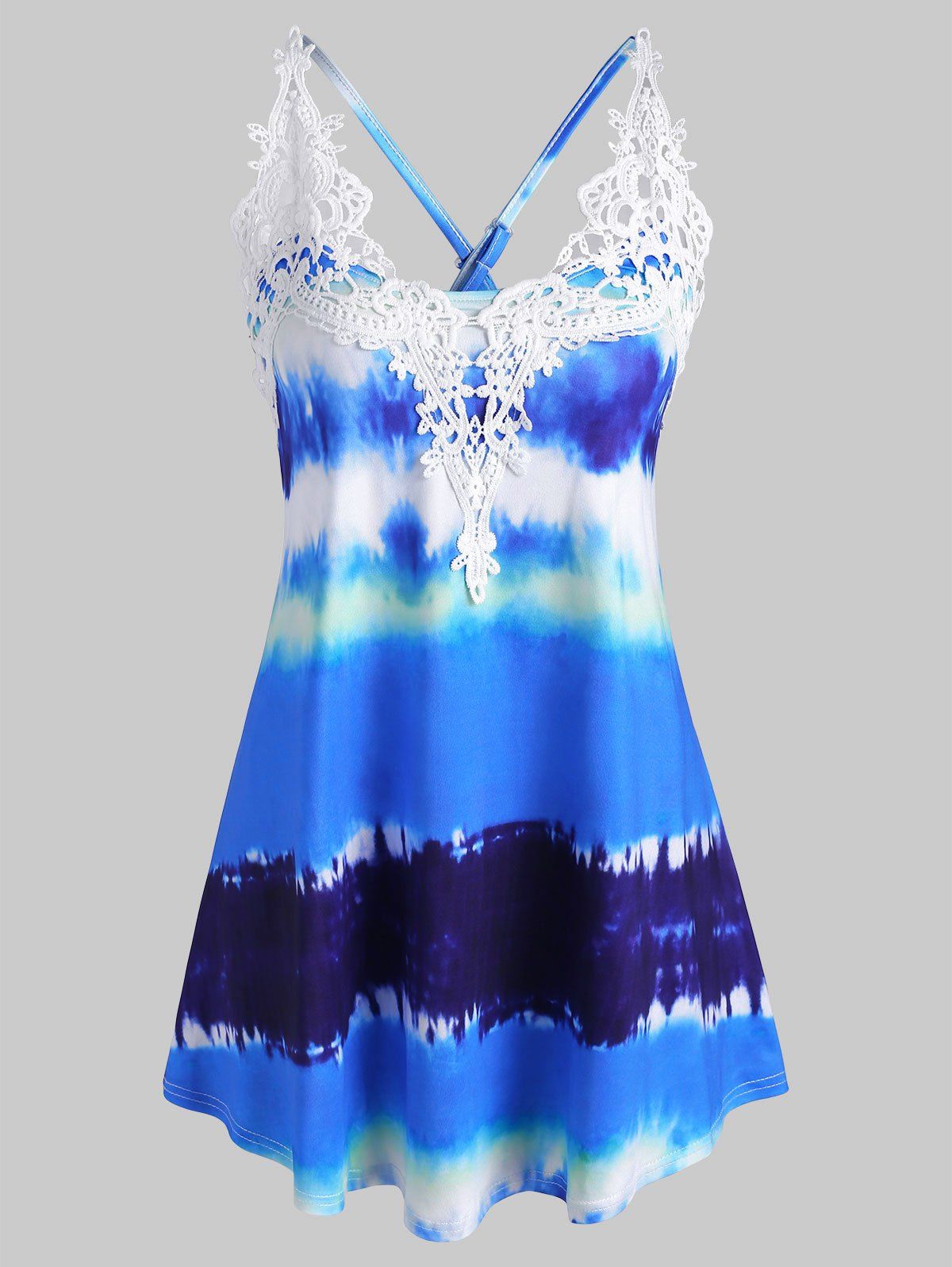 

Tie Dye Guipure Panel Crisscross Cami Top, Deep blue