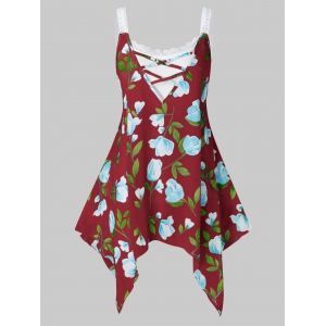 

Plus Size Lace Floral Print Cami Tank Top Set, Red wine
