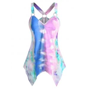 

Plus Size O Ring Tie Dye Handkerchief Tank Top, Light blue