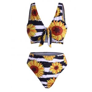 

Sunflower Floral Print Knot High Waisted Bikini Swimwear, Yellow