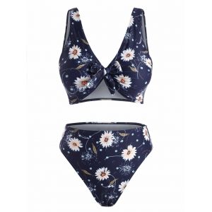 

Sunflower Floral Print Knot High Waisted Bikini Swimwear, Deep blue