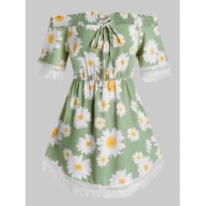 

Plus Size Off The Shoulder Lace Up Floral Print Blouse, Dark sea green