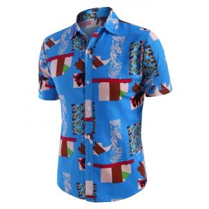 

Irregular Geo Print Button Up Ethnic Linen Shirt, Multi b