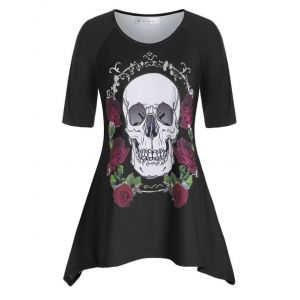 

Plus Size Raglan Sleeve Rose Skull Asymmetric T Shirt, Black