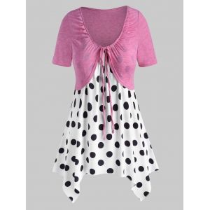 

Plus Size Tied Tee and Handkerchief Polka Dot Top Set, Light pink