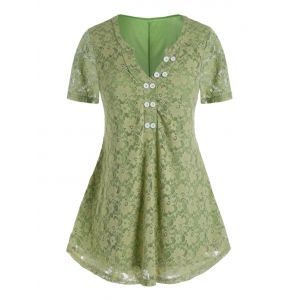 

Plus Size Lace V Notch A Line Tunic Tee, Clover green