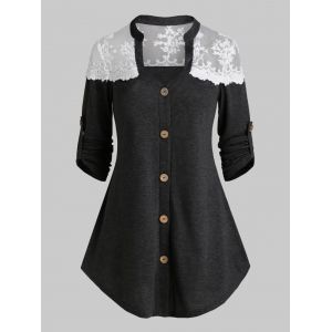 

Button Up Lace Insert Heathered T-shirt, Dark gray