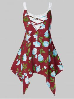 Plus Size Lace Floral Print Cami Tank Top Set - RED WINE - 4X