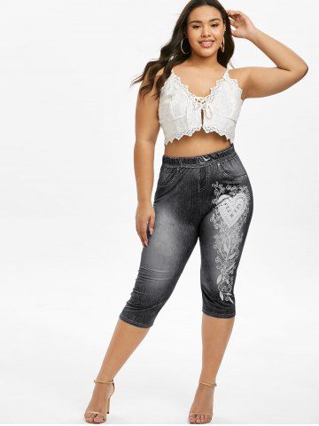 

Plus Size 3D Pattern Leaf Capri High Waisted Jeggings, Black