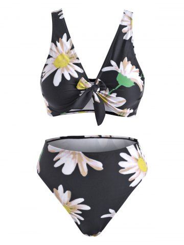 Daisy floral de la hoja de impresión de la mariposa del nudo de talle alto de baño bikini - BLACK - S