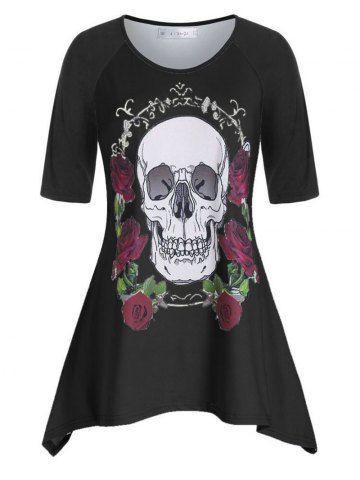 T-shirt Asymétrique Rose et Crâne à Manches Raglan Grande Taille