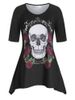 T-shirt Asymétrique Rose et Crâne à Manches Raglan Grande Taille - Noir 1X