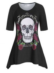 T-shirt Asymétrique Rose et Crâne à Manches Raglan Grande Taille - Noir 1X