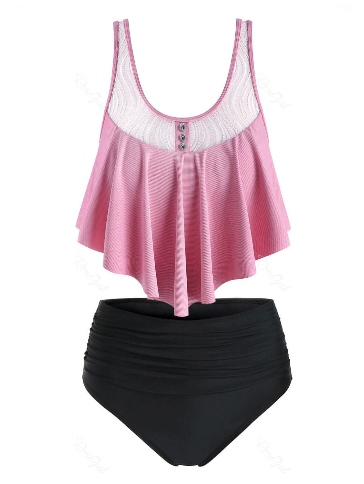 Shop Plus Size Ribbed Ruffled High Rise Tummy Control Tankini Swimwear  