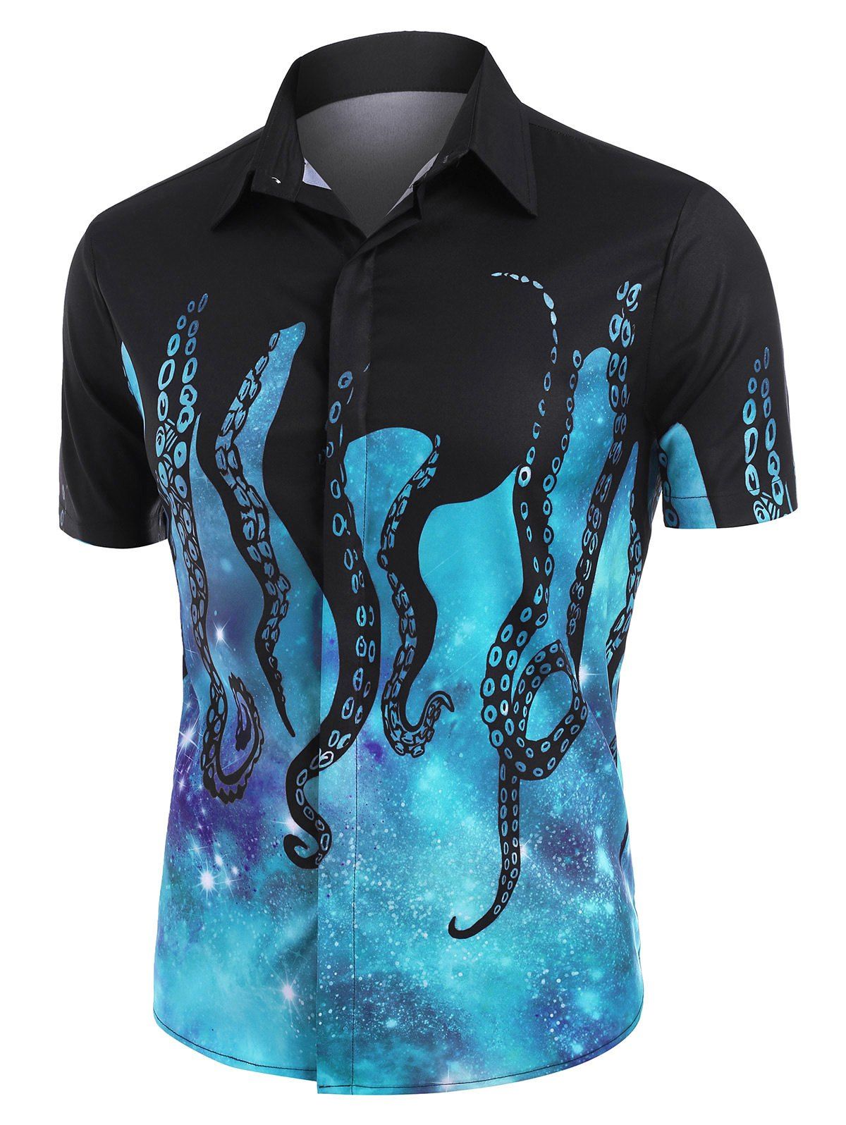 

Galaxy Octopus Print Button Up Casual Shirt, Multi