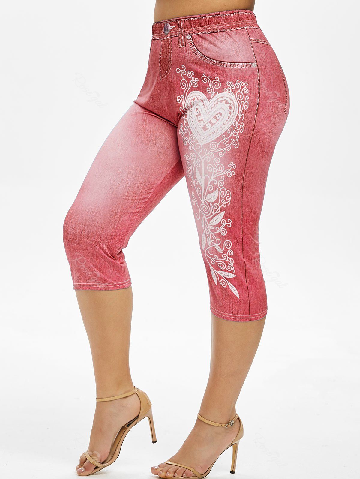 

Plus Size 3D Pattern Leaf Capri High Waisted Jeggings, Light pink