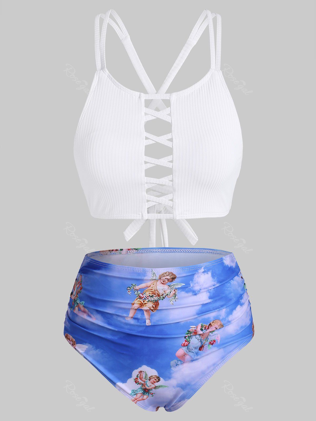 

High Neck Ribbed Lattice Angel Print Ruched Bikini Swimwear, White