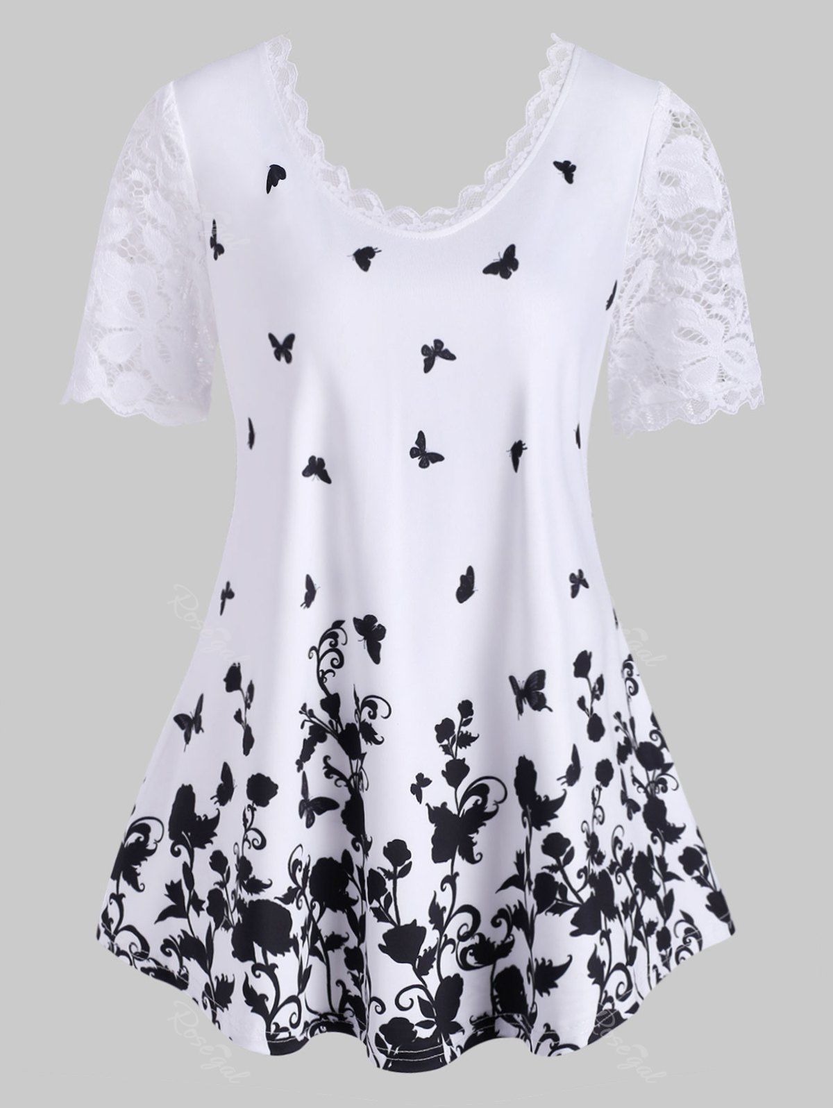 

Plus Size Butterfly Floral Print Lace Insert T Shirt, White