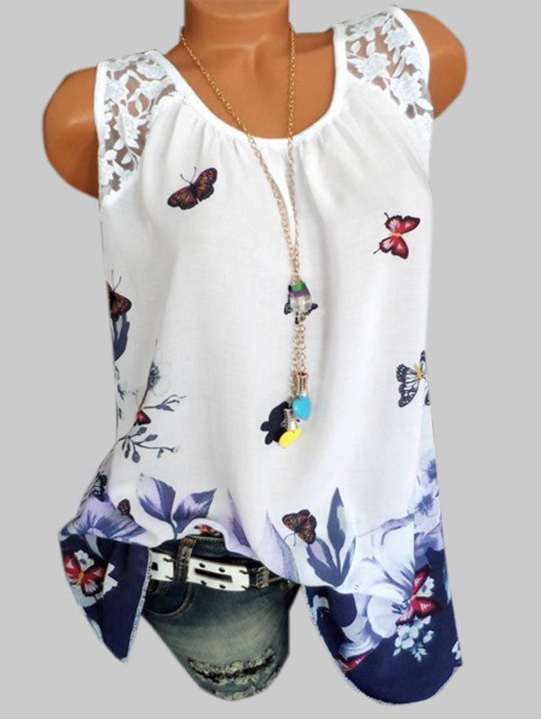 

Plus Size Butterfly Floral Print Swing Tank Top, White