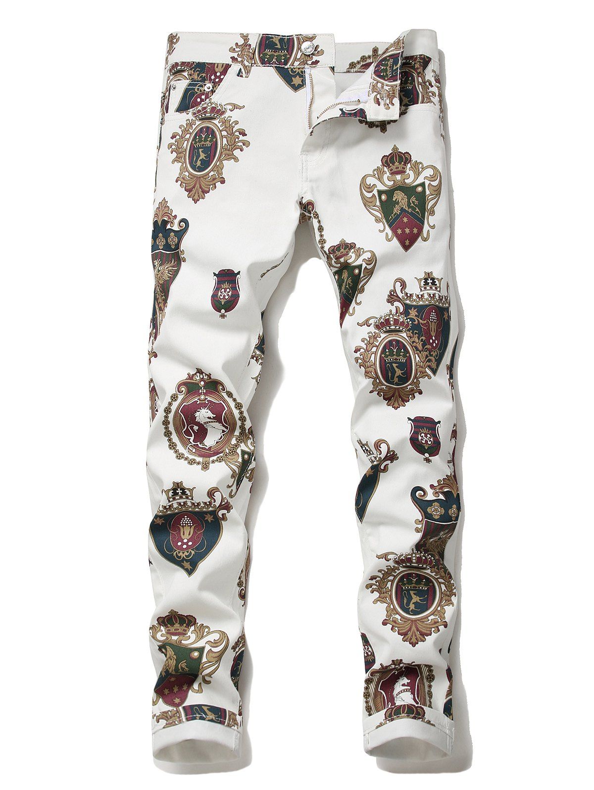 

Horse Badge Print Zip Fly Denim Pencil Pants, White