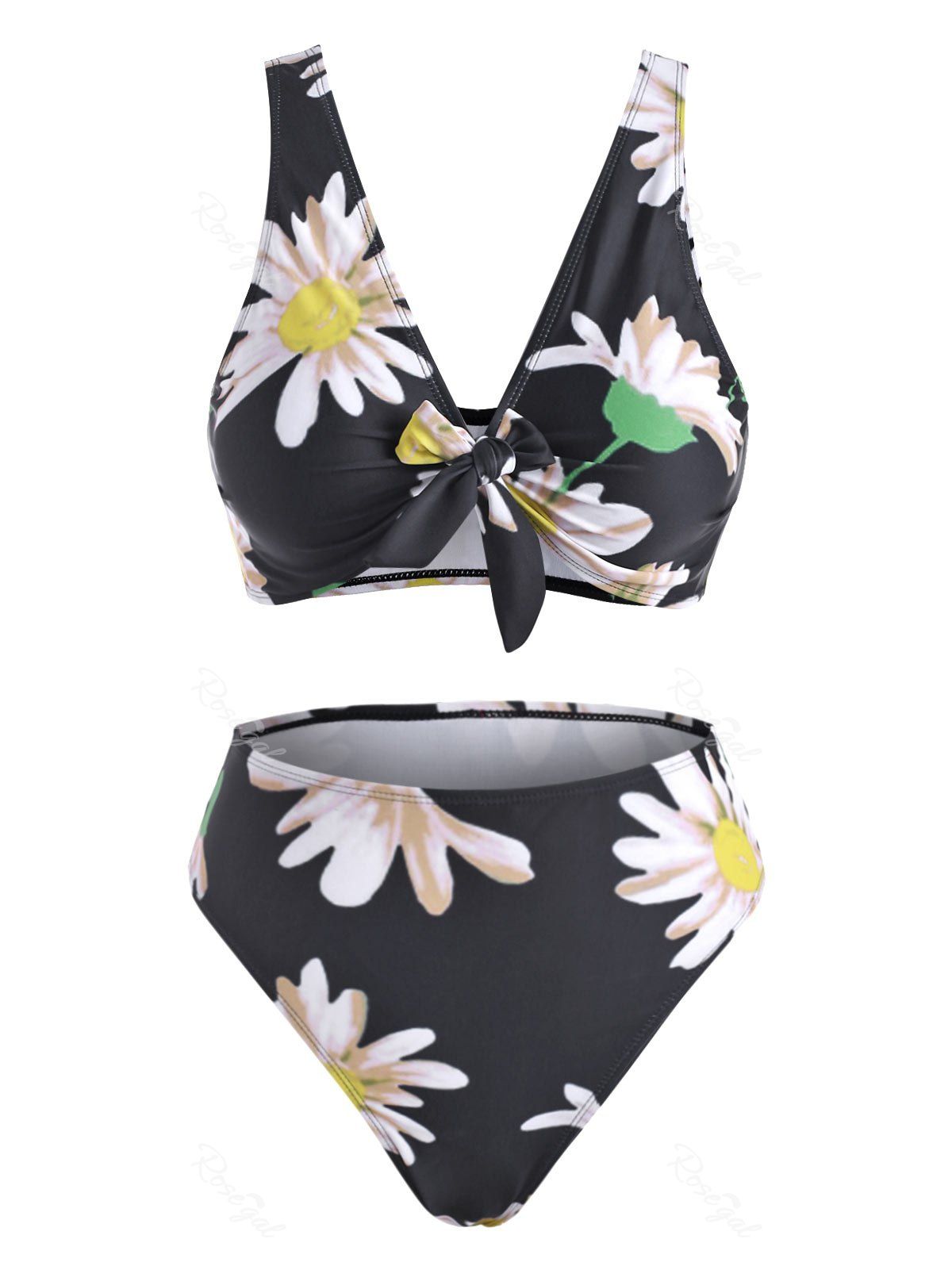 

Daisy Butterfly Floral Leaf Print Knot High Waisted Bikini Swimwear, Black