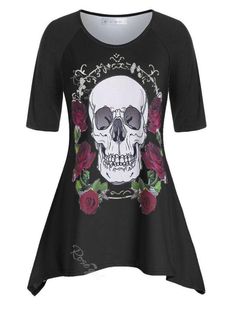 T-shirt Asymétrique Rose et Crâne à Manches Raglan Grande Taille Noir 1X