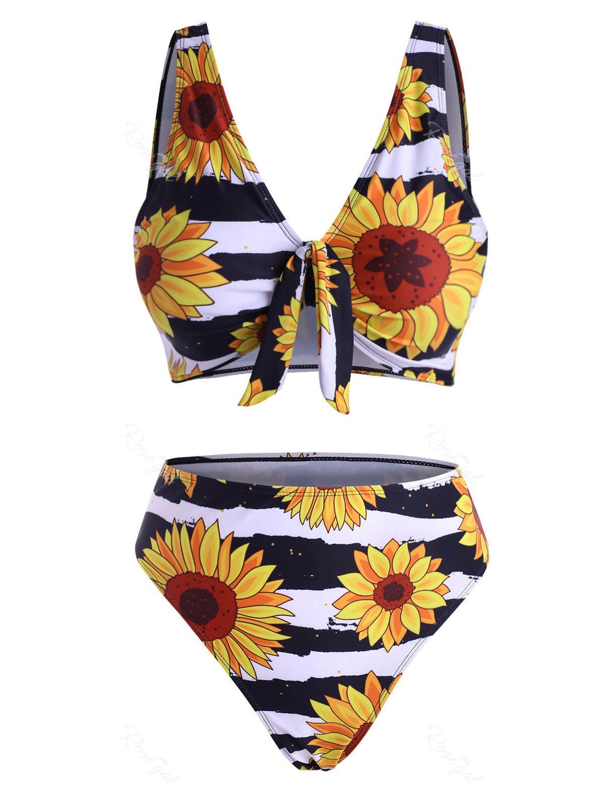 

Sunflower Floral Print Knot High Waisted Bikini Swimwear, Yellow