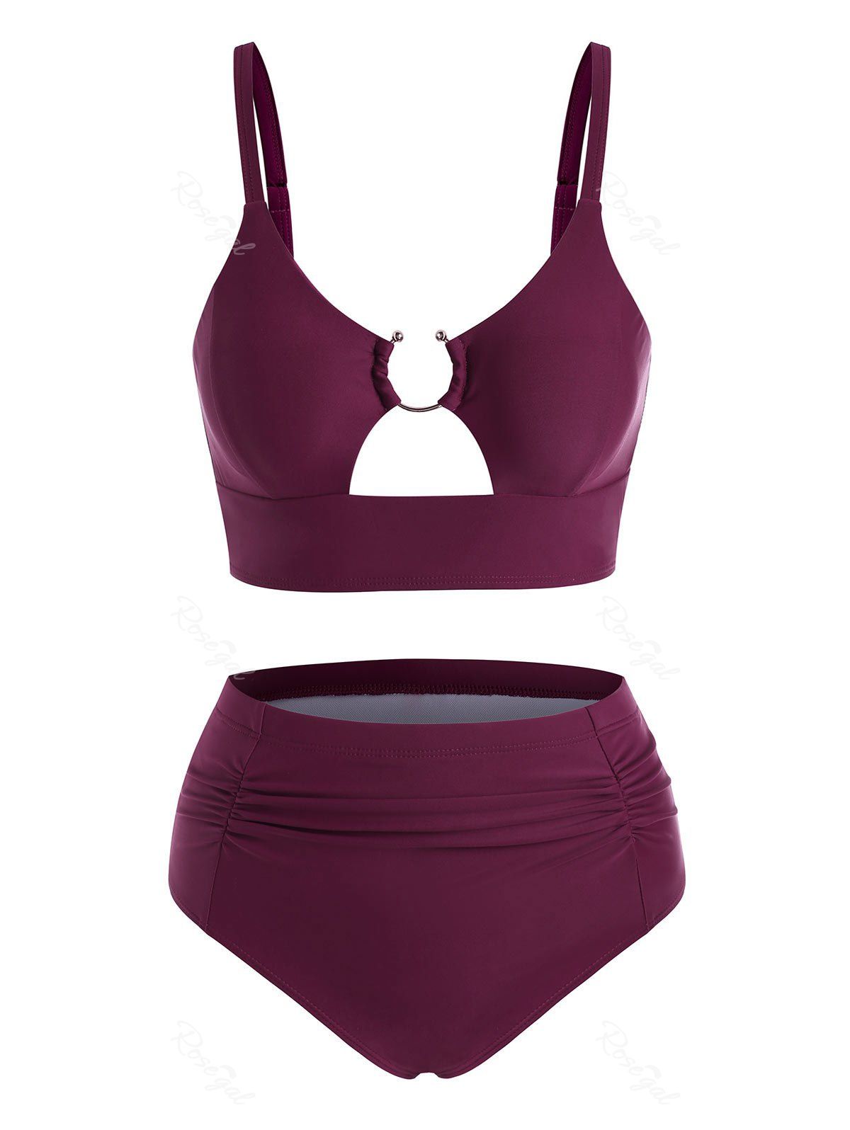 

Metal Ruched Cutout Tankini Swimwear, Plum pie